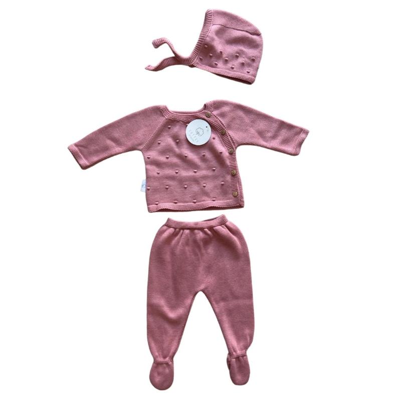 Pink baby outfit set with top, pants, and hat on a white background