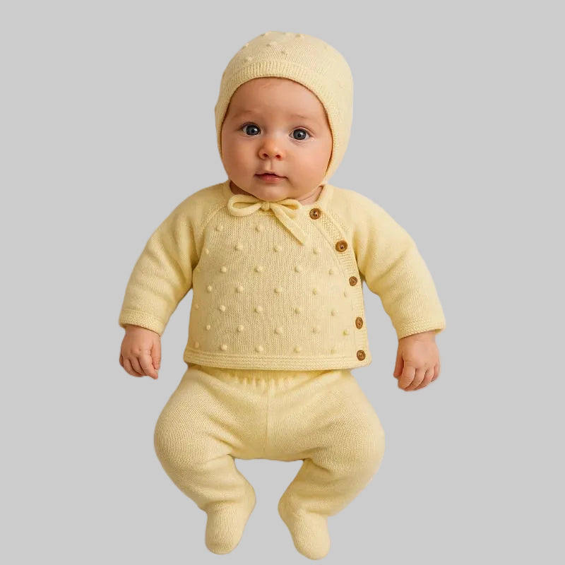 Baby wearing a yellow outfit with a matching hat on a white background