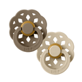 Two beige BIBS Boheme baby pacifiers sold by Meridian Baby.