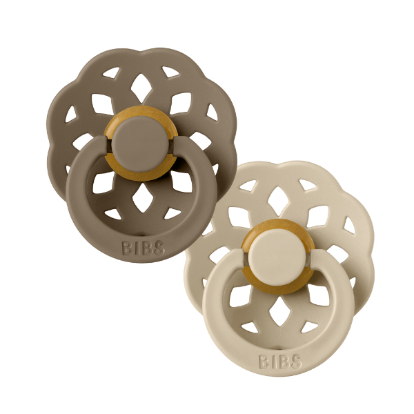 Two beige BIBS Boheme baby pacifiers sold by Meridian Baby.