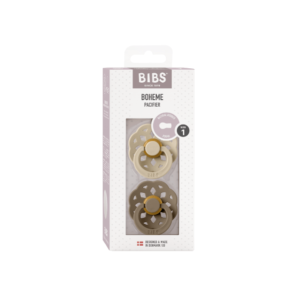 Box of two BIBS Boheme baby pacifiers sold by Meridian Baby.