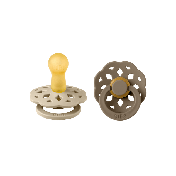 Front and back view of BIBS Boheme Round Nipple baby pacifier sold by Meridian Baby.