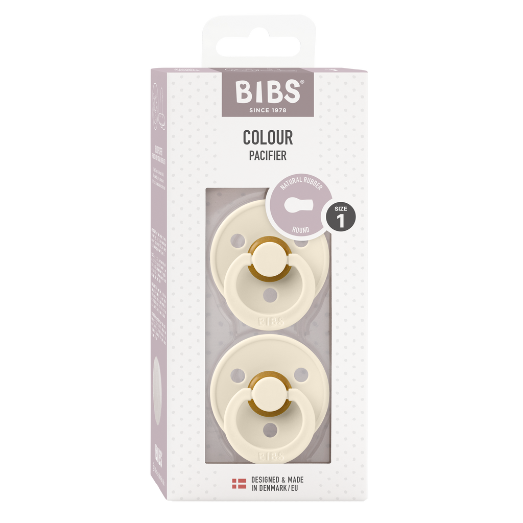 Box of two ivory BIBS baby pacifiers sold by Meridian Baby.