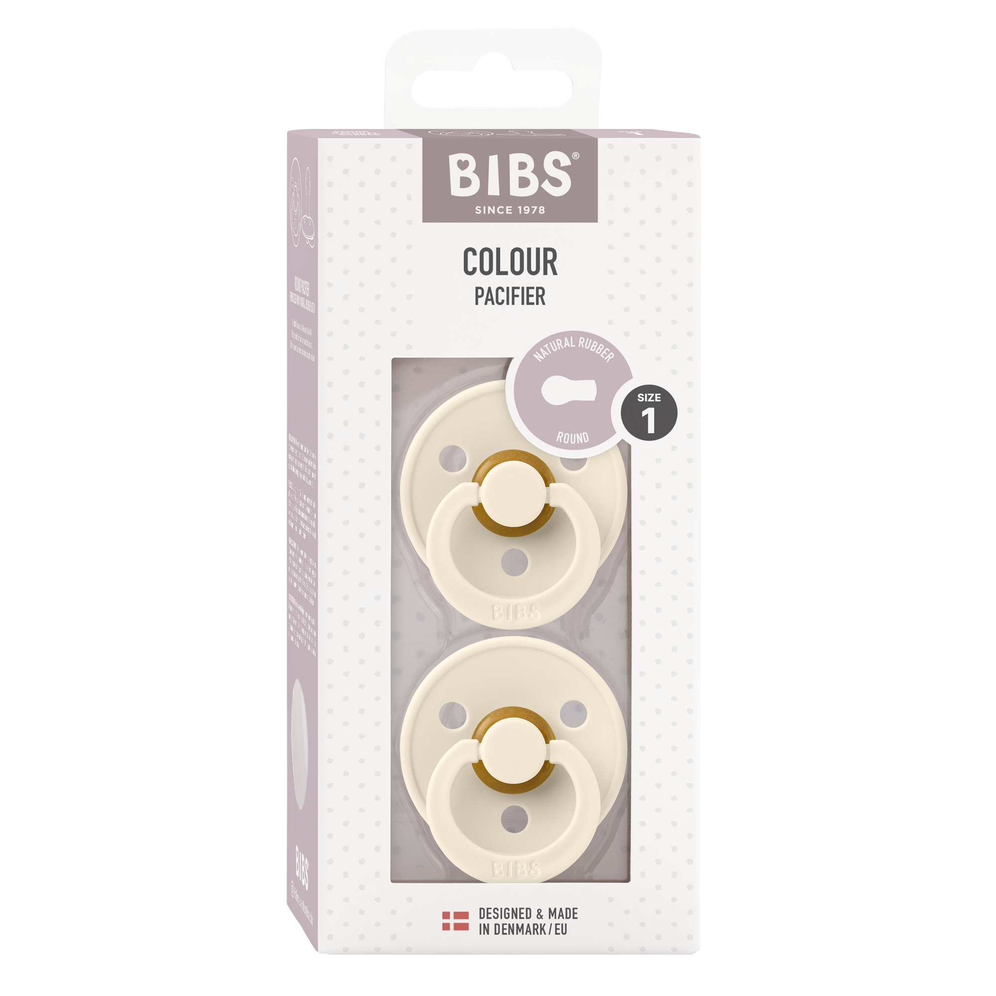 Box of two ivory BIBS baby pacifiers sold by Meridian Baby.