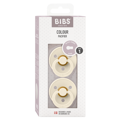 Box of two ivory BIBS baby pacifiers sold by Meridian Baby.