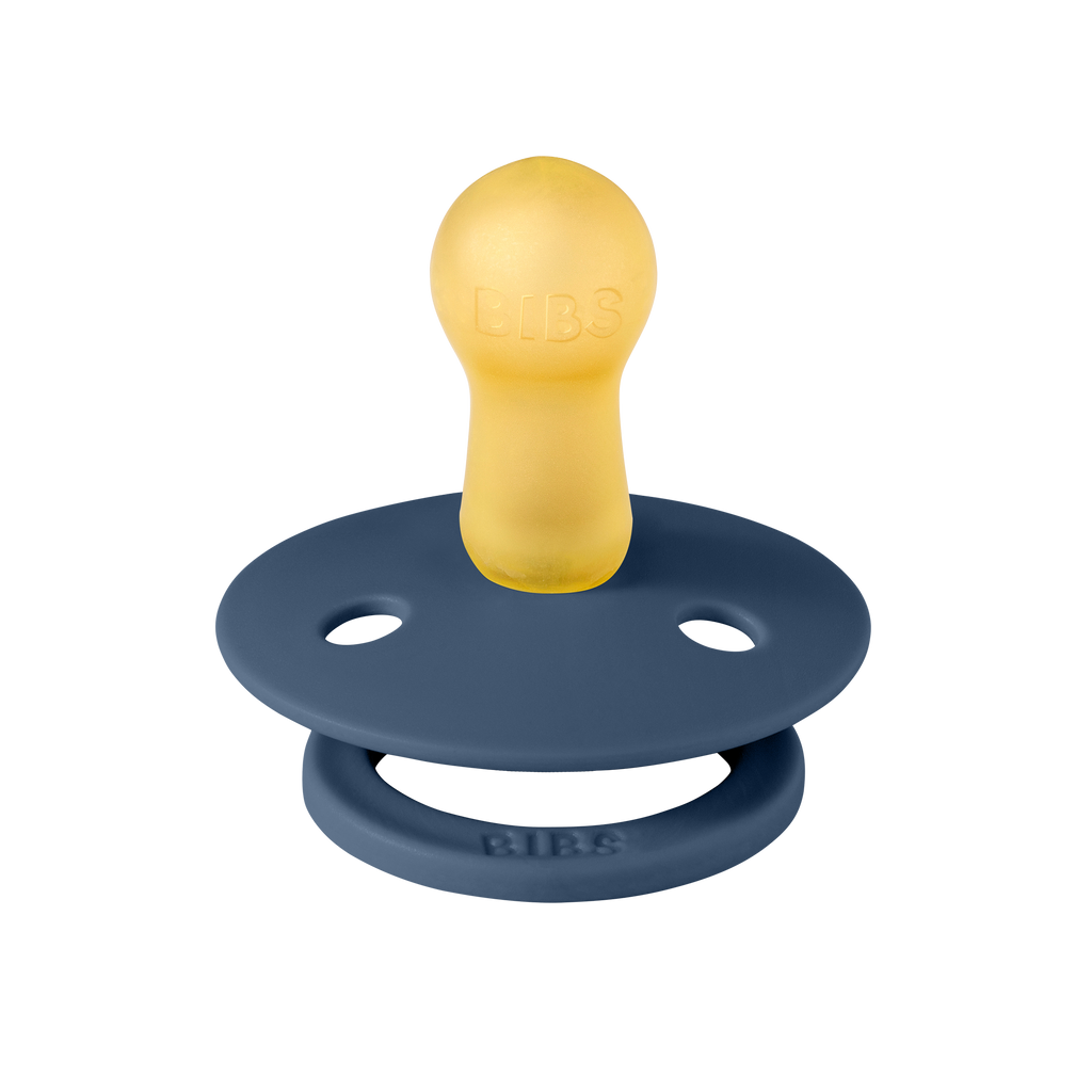 Back view of steel blue BIBS baby pacifier with round nipple Sold by Meridian Baby.