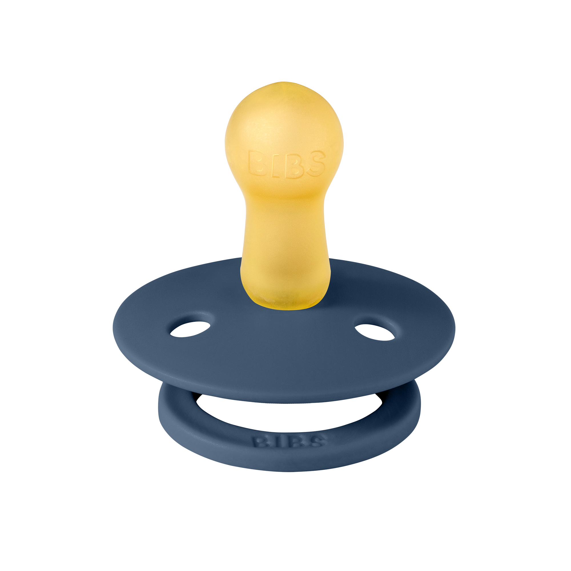 Back view of steel blue BIBS baby pacifier with round nipple Sold by Meridian Baby.