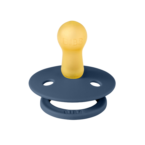 Back view of steel blue BIBS baby pacifier with round nipple Sold by Meridian Baby.