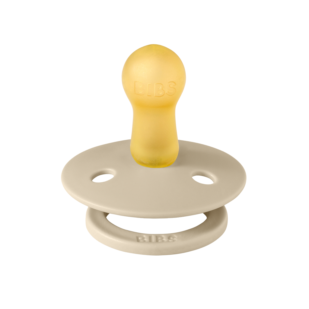 Beige BIBS baby pacifier with round latex nipple Sold by Meridian Baby.