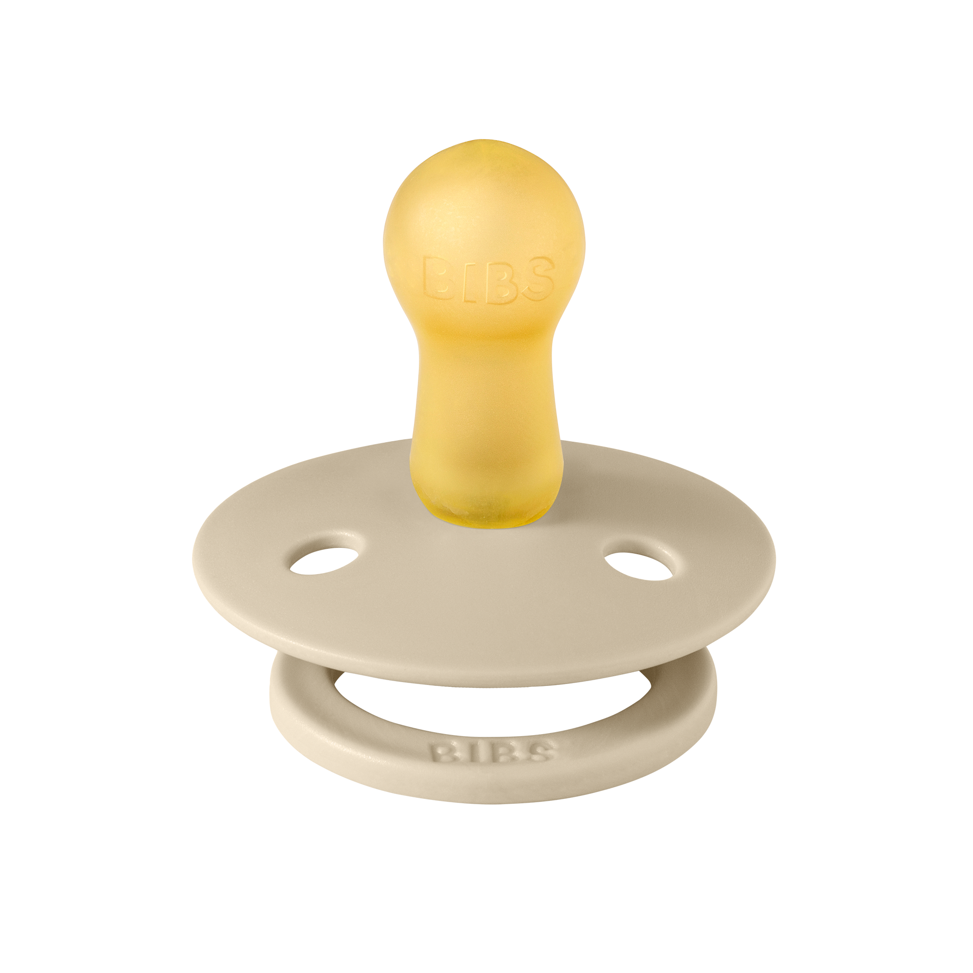 Beige BIBS baby pacifier with round latex nipple Sold by Meridian Baby.
