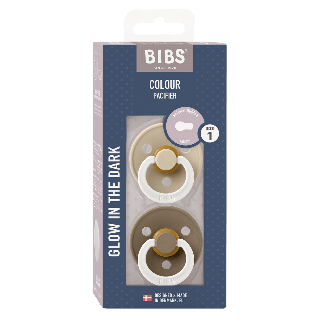 Box of two BIBS glow in the dark baby pacifiers sold by Meridian Baby.