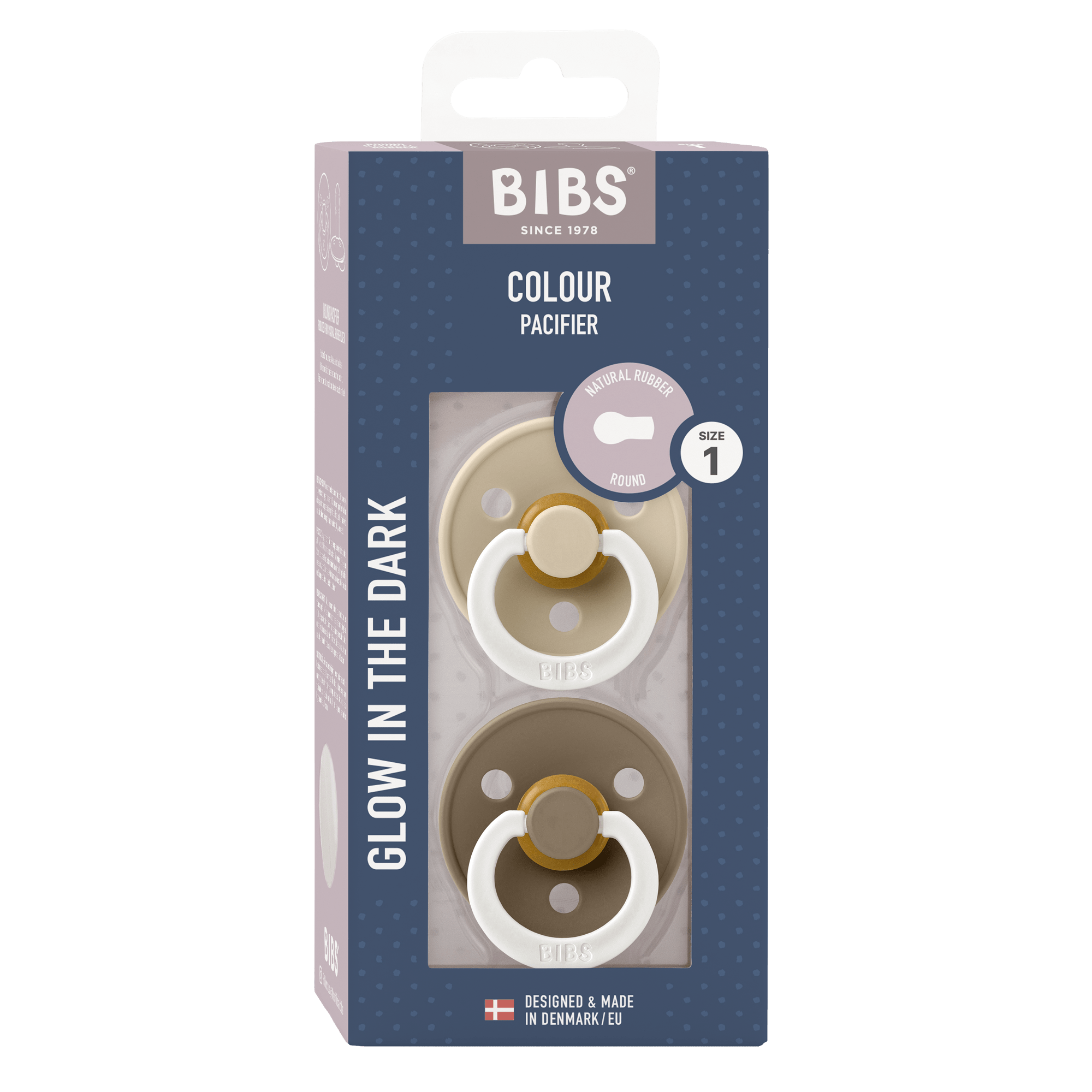 Box of two BIBS glow in the dark baby pacifiers sold by Meridian Baby.