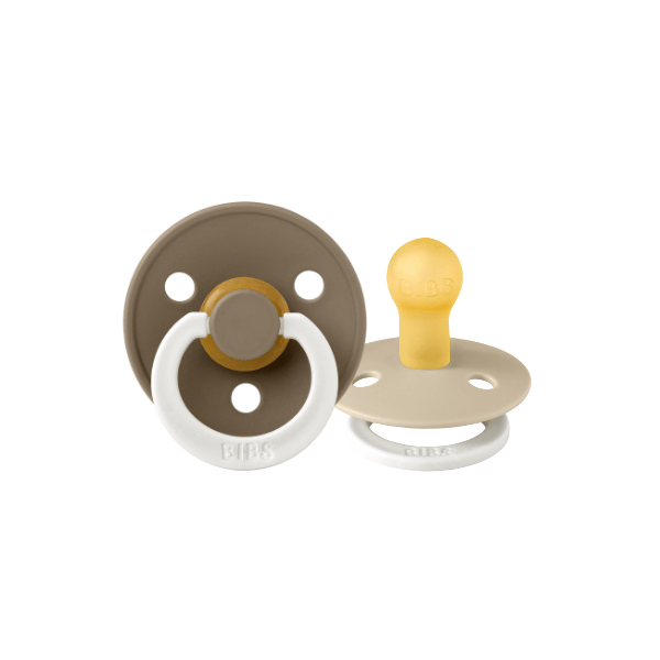 Front and back view of BIBS brown baby pacifiers sold by Meridian Baby.