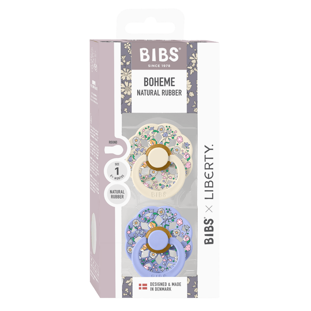 Box of 2 BIBS Boheme Liberty baby pacifiers sold by Meridian Baby.