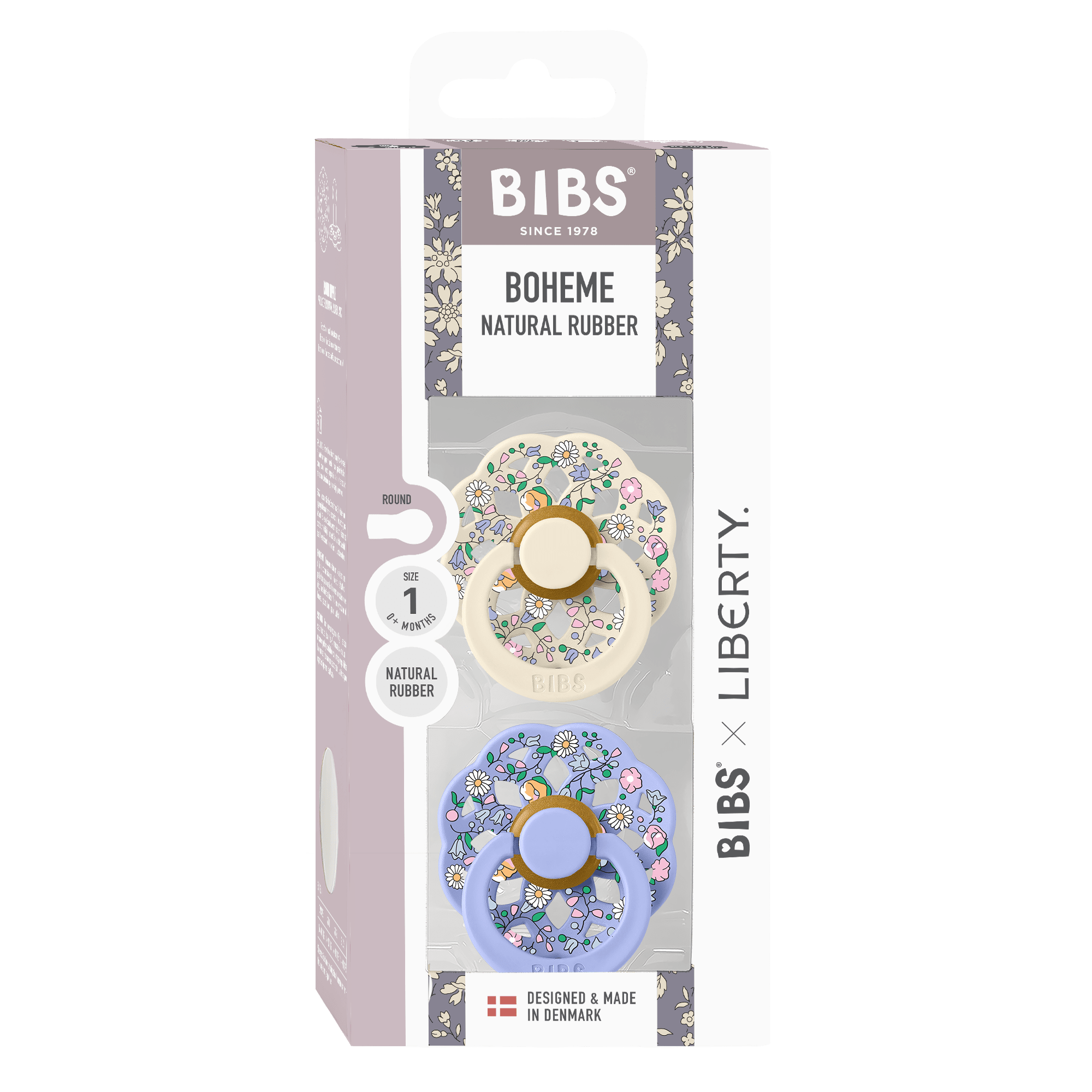 Box of 2 BIBS Boheme Liberty baby pacifiers sold by Meridian Baby.
