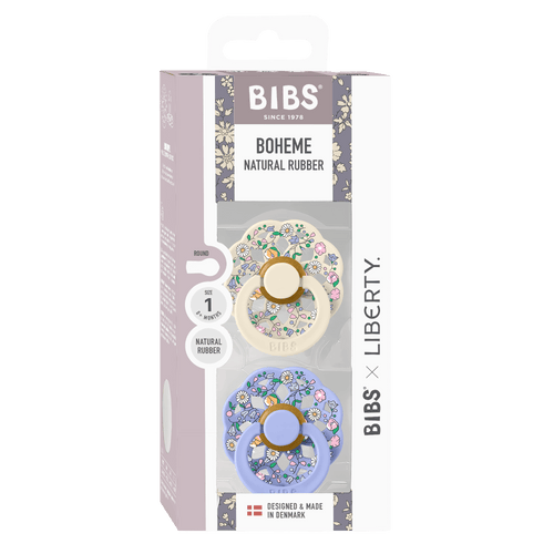Box of 2 BIBS Boheme Liberty baby pacifiers sold by Meridian Baby.