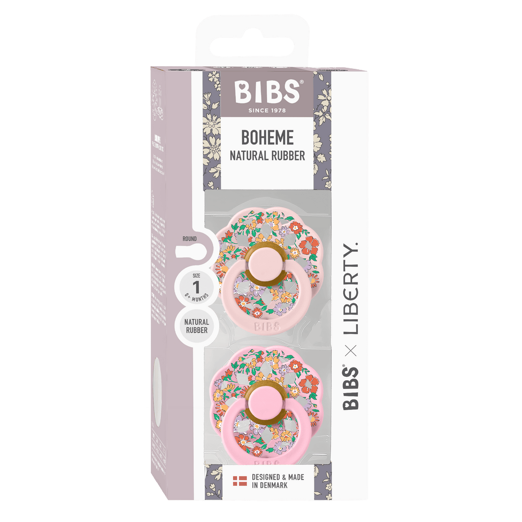Box of BIBS Boheme Liberty pink baby pacifiers sold by Meridian Baby.