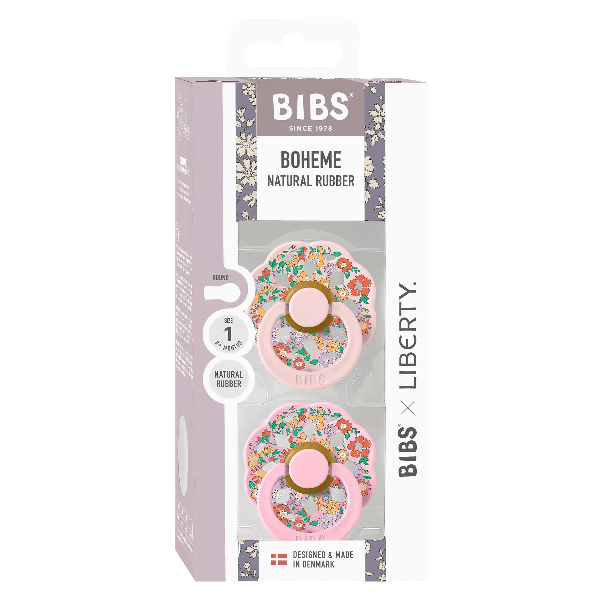 Box of BIBS Boheme Liberty pink baby pacifiers sold by Meridian Baby.