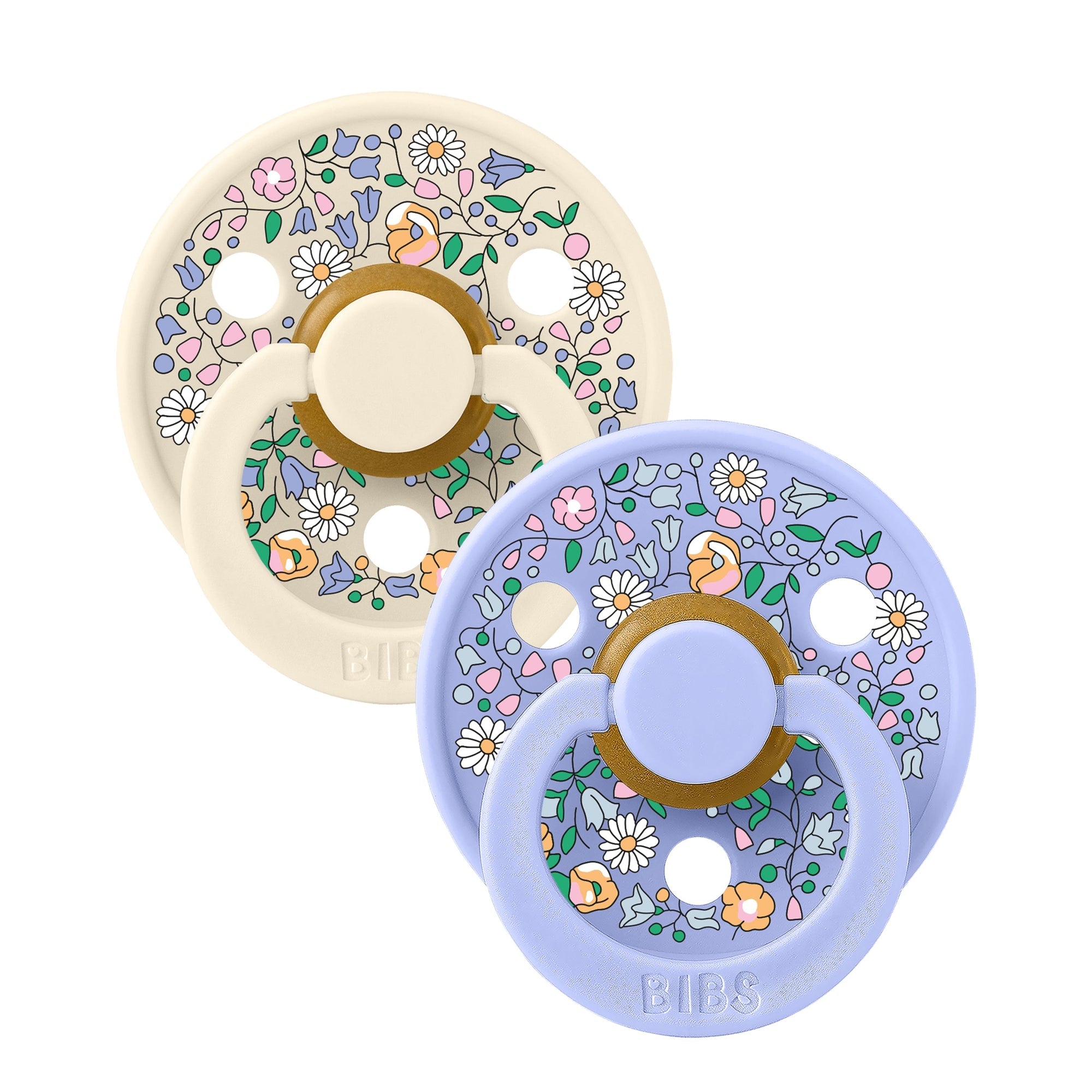 Two BIBS Liberty floral baby pacifiers sold by Meridian Baby.