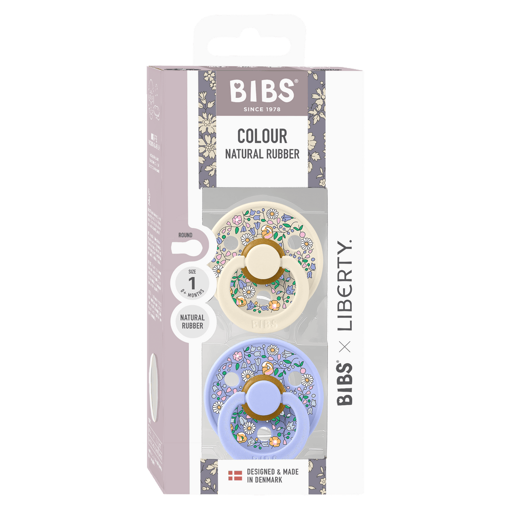 Box of two BIBS Liberty round baby pacifiers sold by Meridian Baby.