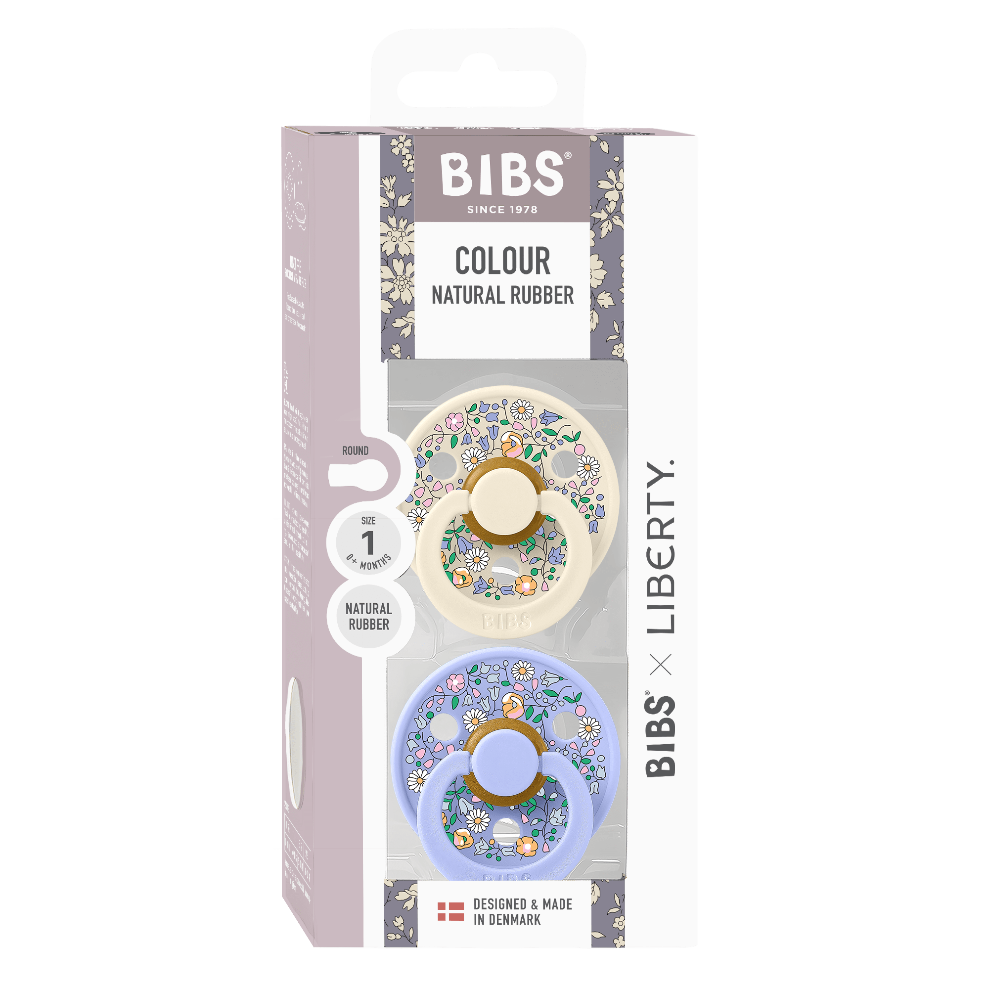 Box of two BIBS Liberty round baby pacifiers sold by Meridian Baby.