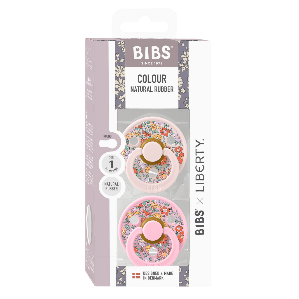 Box of two pink BIBS Liberty baby pacifiers sold by Meridian Baby.