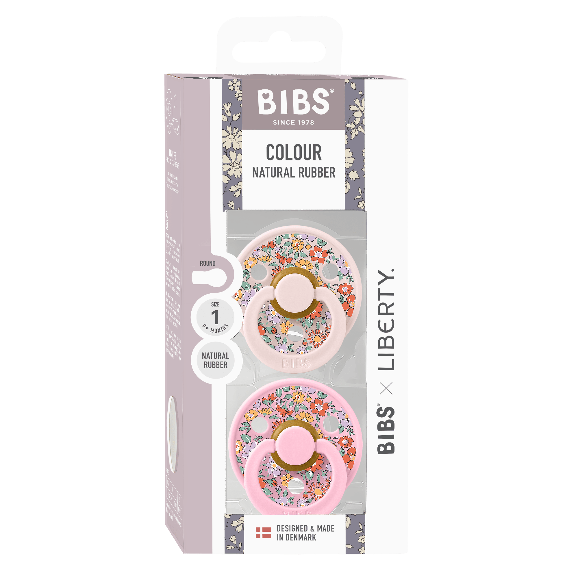 Box of two pink BIBS Liberty baby pacifiers sold by Meridian Baby.