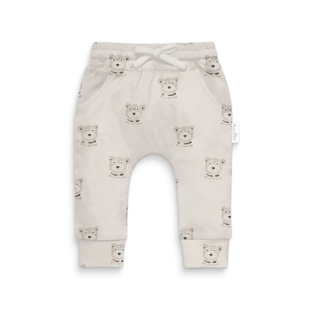 Aster & Oak beige baby pants with byron bear pattern from Meridian Baby