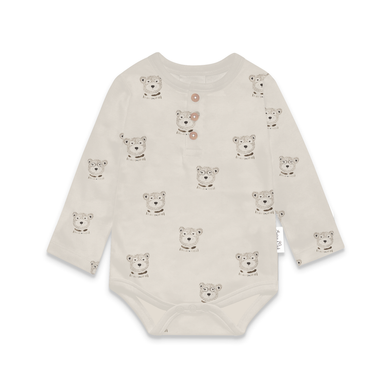 Baby bodysuit with bear pattern on a white background