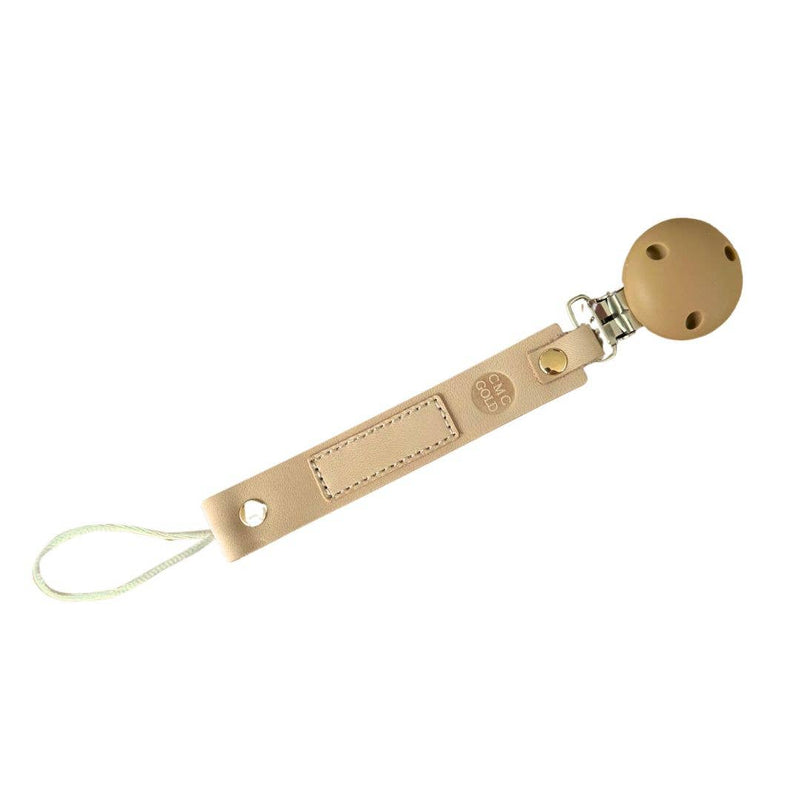 Natural leather strap pacifier clip on a white background