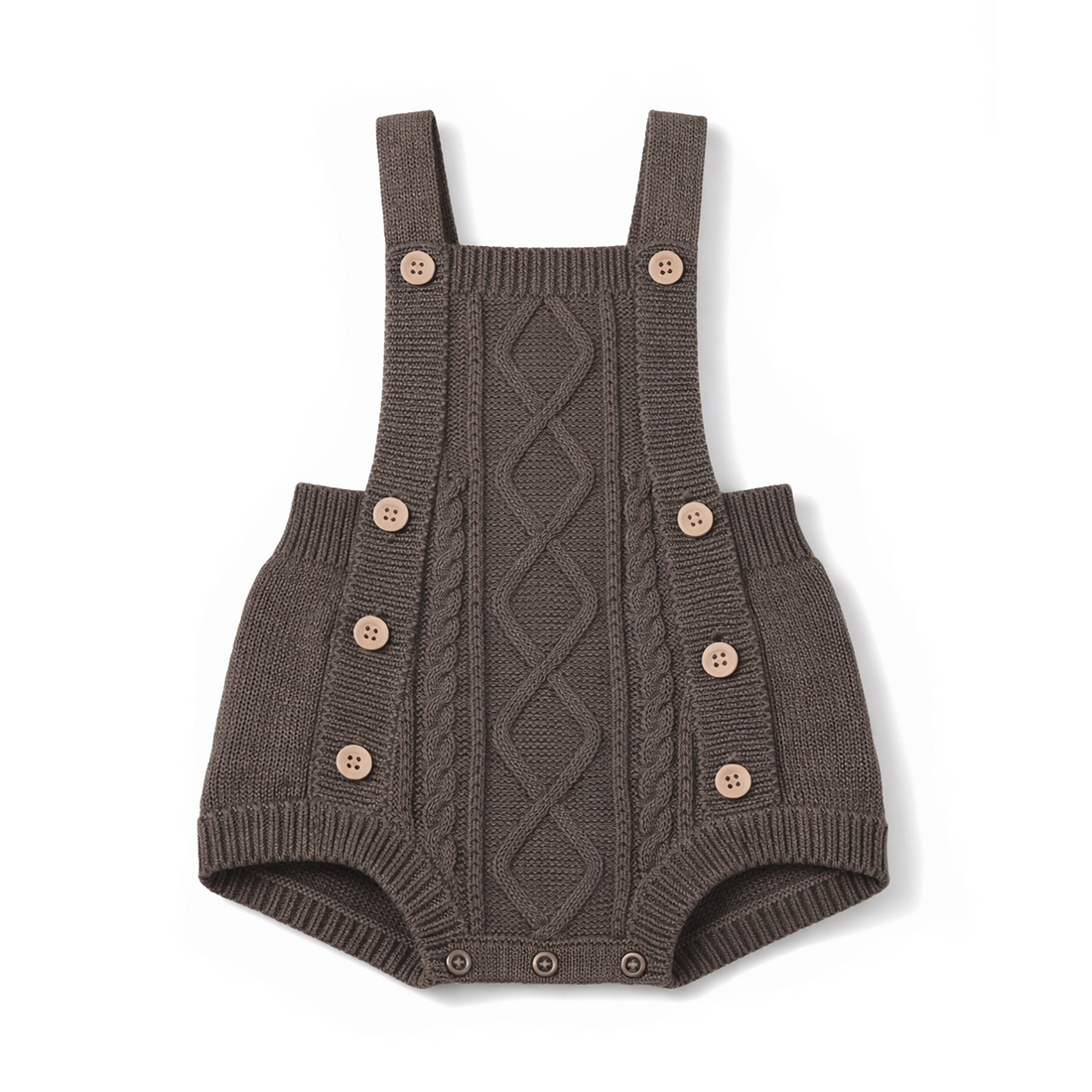 Brown knitted romper with button details on a white background