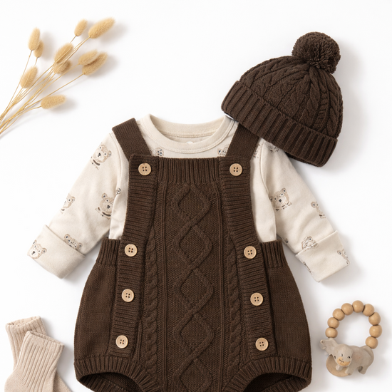 Aster & Oak brown cable knitted romper with matching hat and beige byron bear long-sleeve shirt from Meridian Baby