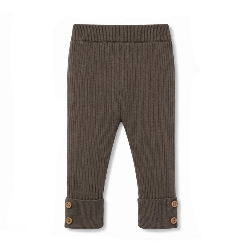 Aster & Oak brown ribbed baby pants with button details from Meridian Baby