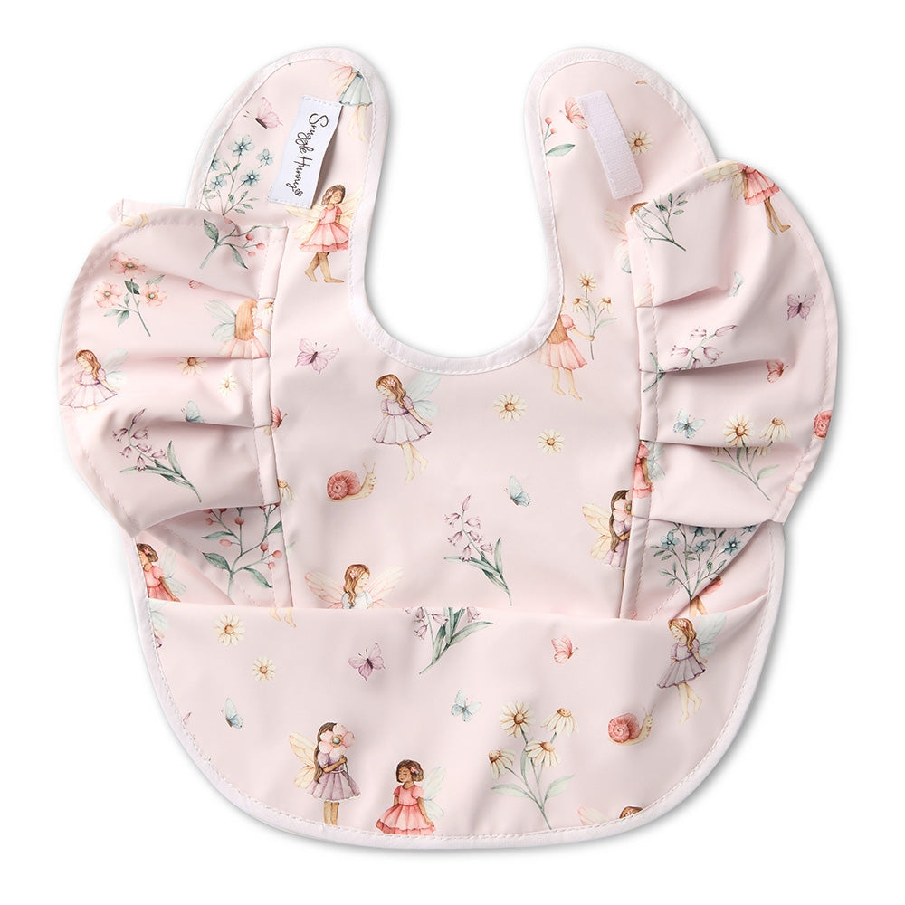 Floral-patterned baby bib with ruffles on a white background