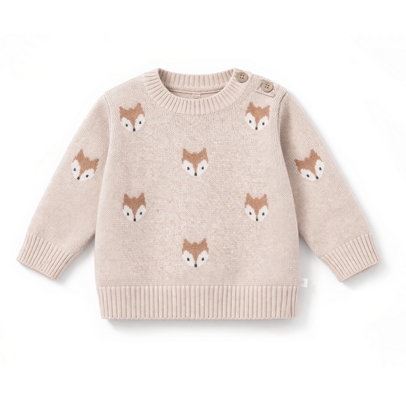 Aster & Oak beige sweater with fox patterns from Meridian Baby