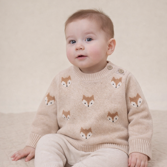 Baby boy wearing an Aster & Oak beige sweater with fox patterns from Meridian Baby