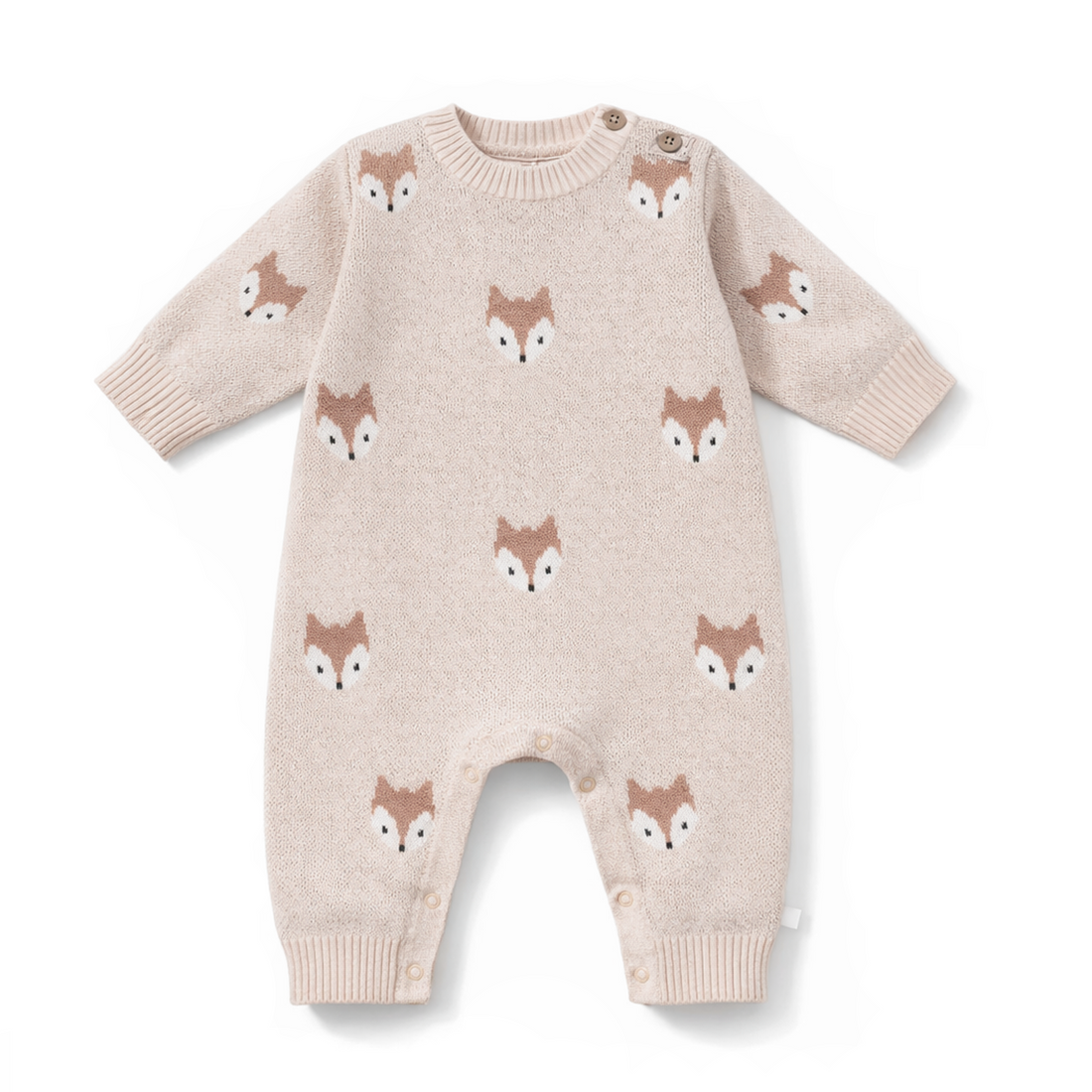 Beige baby romper with fox pattern on a white background