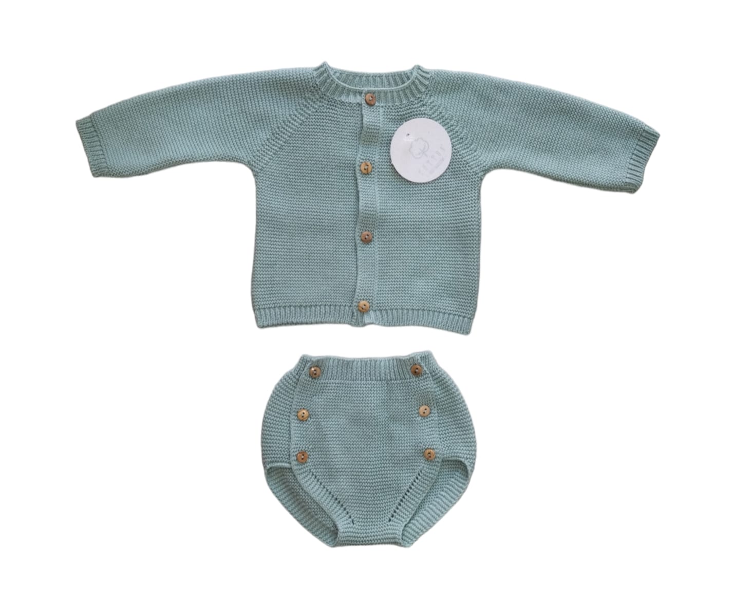 Teal baby cardigan and diaper set on a white background