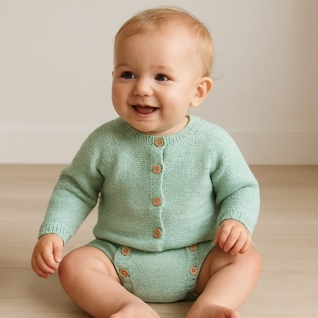 Baby wearing a green knitted outfit with brown buttons on a neutral background