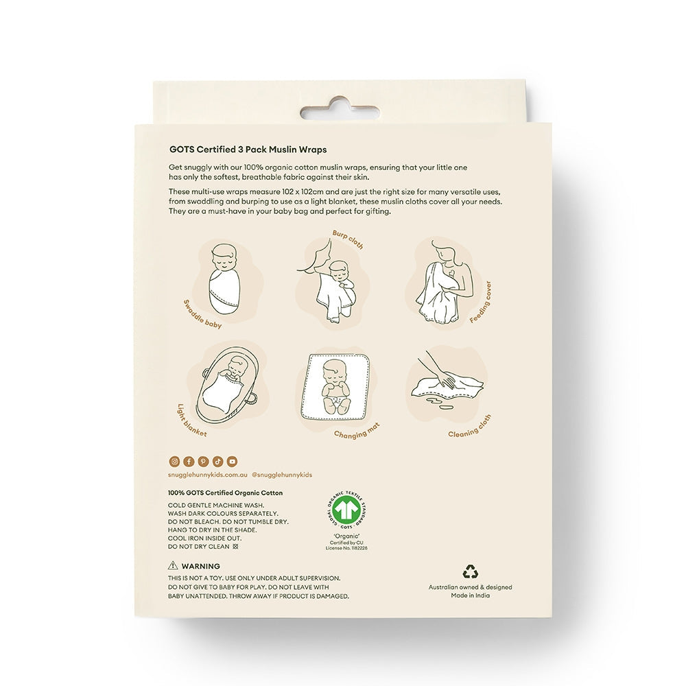Package of GOTS Certified 3 Pack Muslin Wraps with illustrations and text on a white background