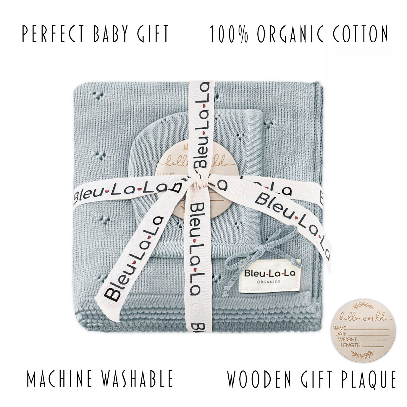 Bleu La La baby gift set with organic cotton blanket and wooden plaque on a white background
