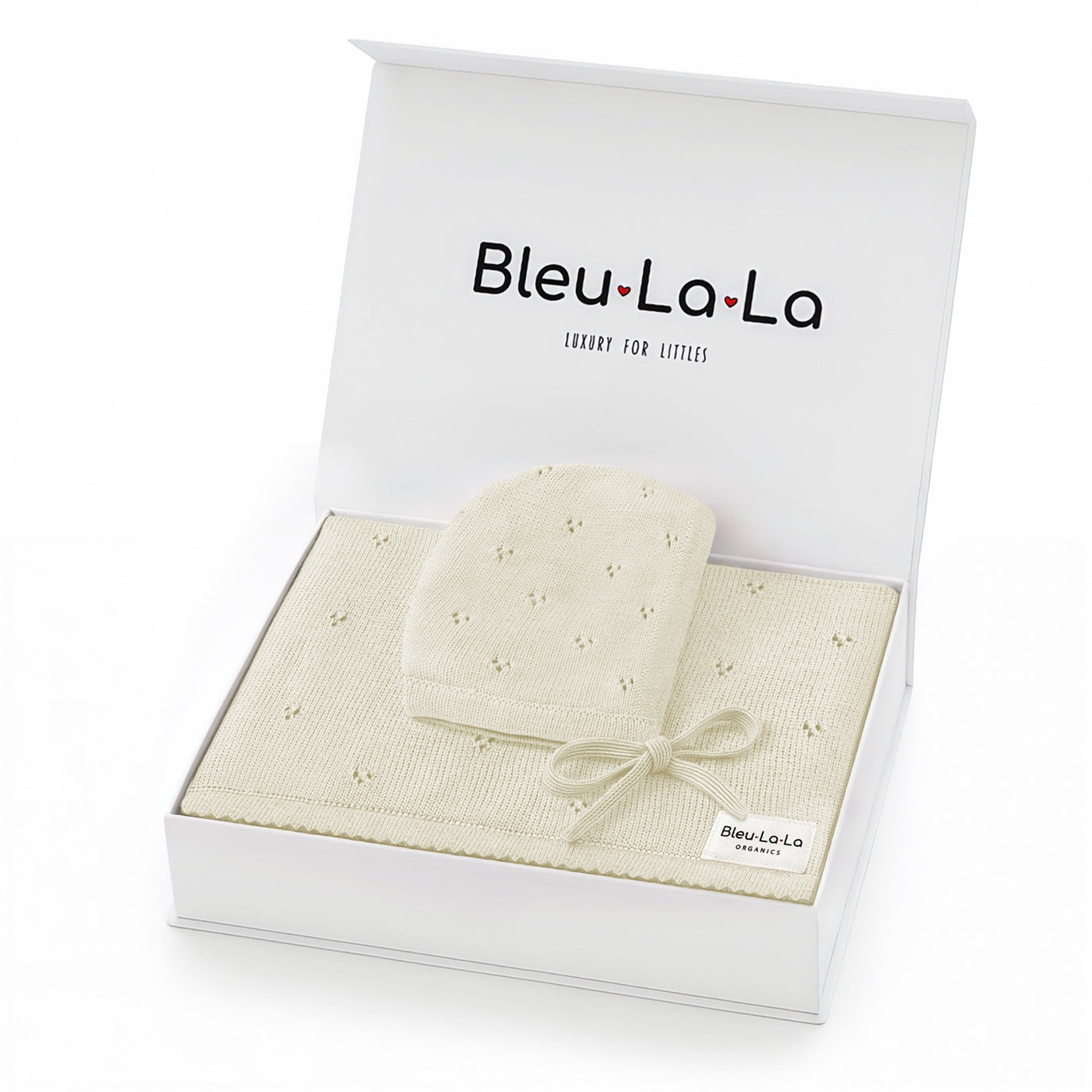 Baby blanket and hat set in a 'Bleu La La' box on a white background