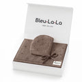 Bleu La La baby product set with brown blanket and hat in packaging
