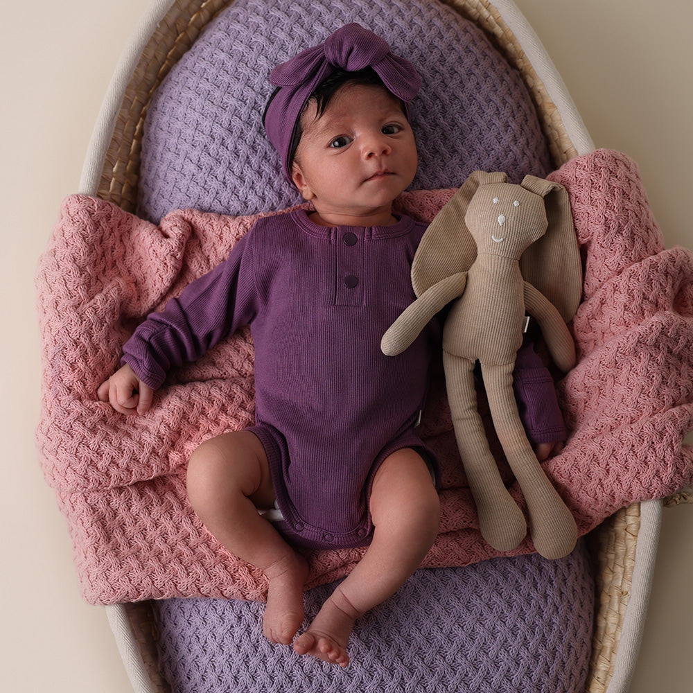 Baby in a purple outfit with a bow, lying on pink and purple blankets with a plush toy in a crib.