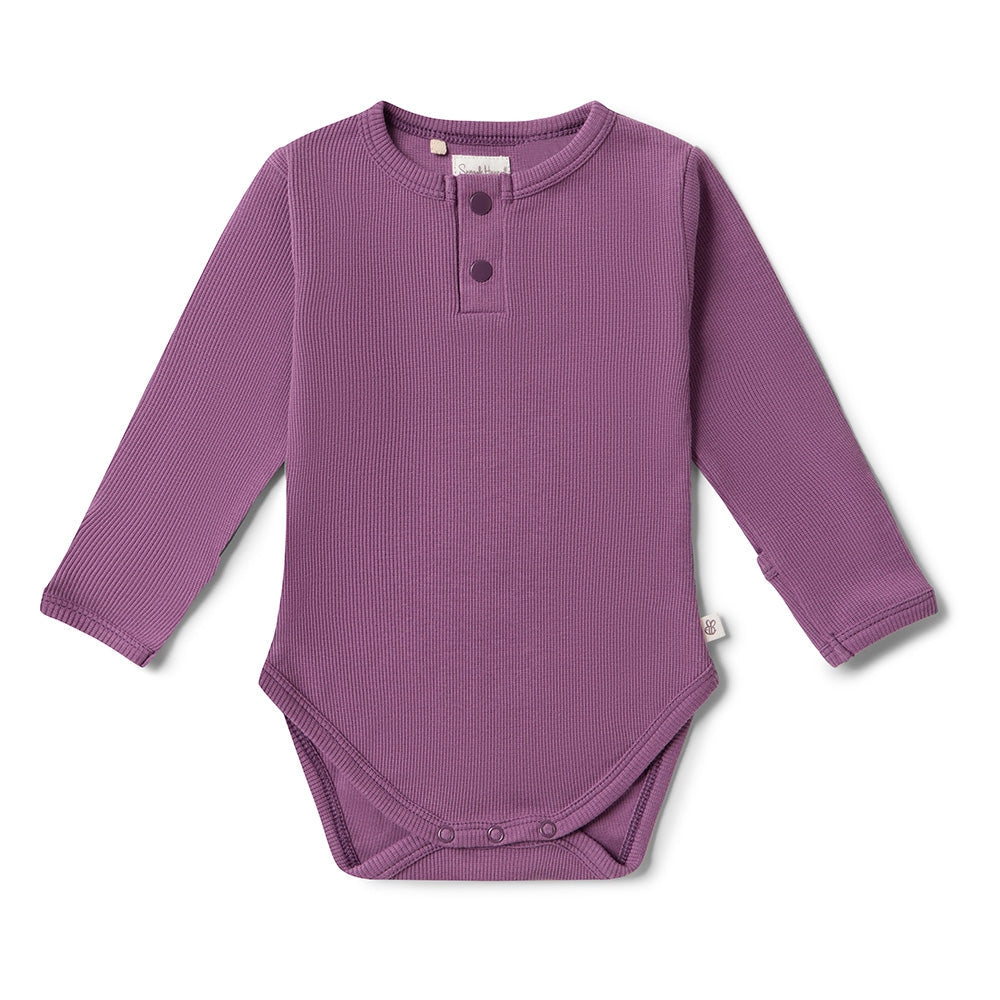 Purple baby bodysuit with long sleeves on a white background