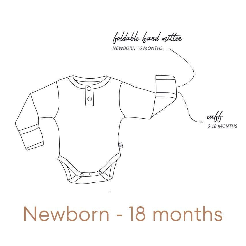 Outline of a baby onesie with text indicating size range for newborn to 18 months.