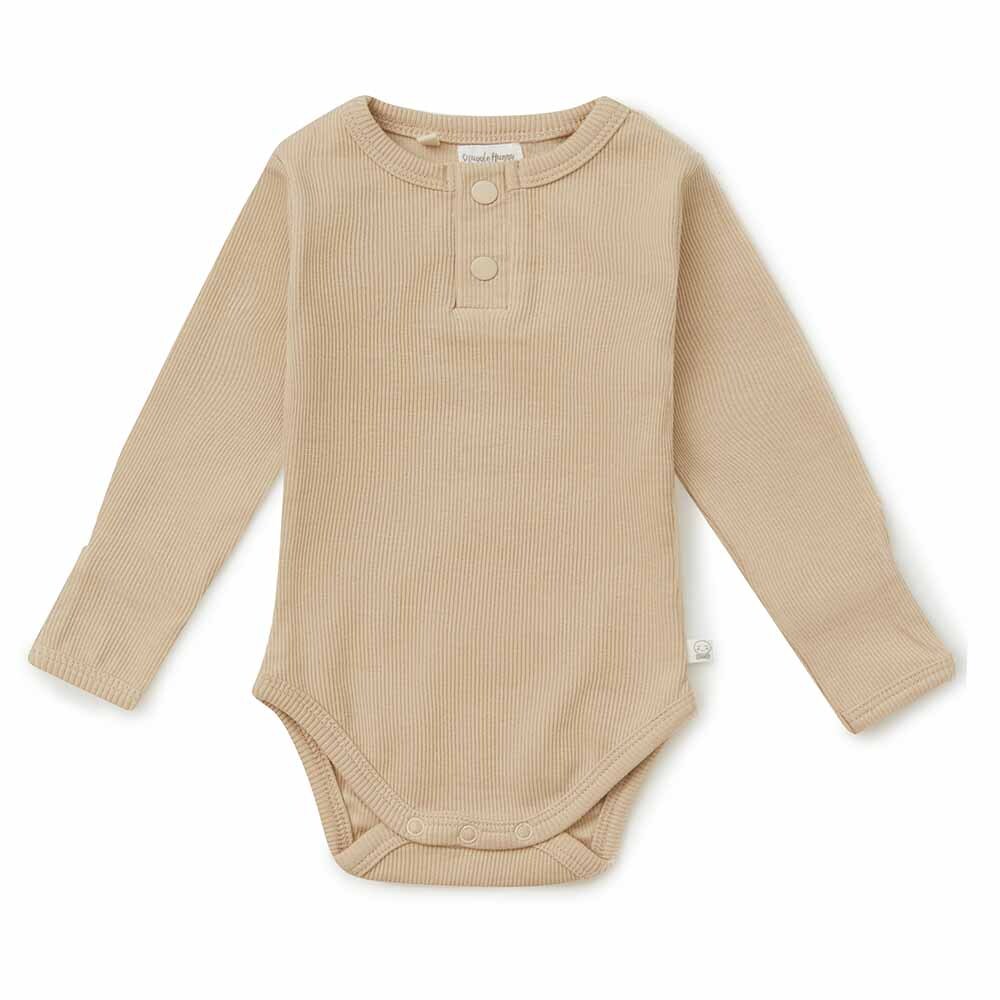 Beige ribbed baby bodysuit on a white background