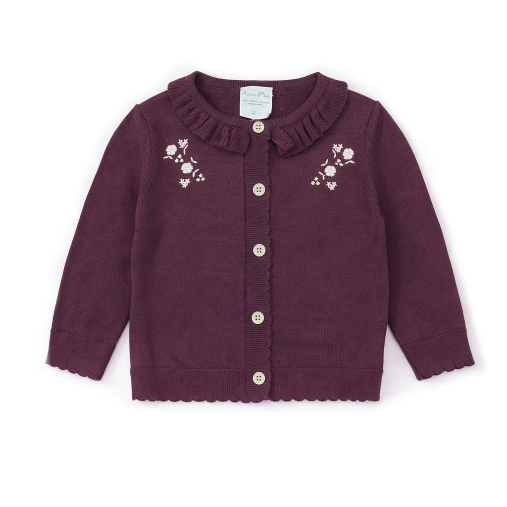 Aster & Oak purple cardigan with floral embroidery from Meridian Baby