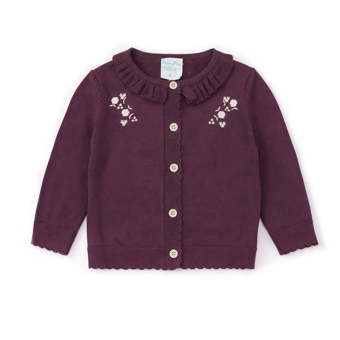 Purple cardigan with floral embroidery on a white background