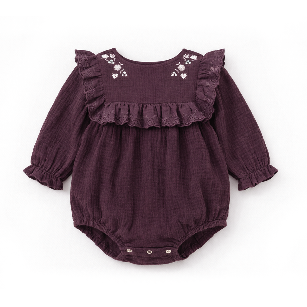 Aster & Oak plum baby romper with floral embroidery from Meridian Baby